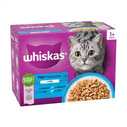 Iceland Whiskas 1+ Fish Favourites Adult Wet Cat Food Pouches in Jelly 12 x 85g offer