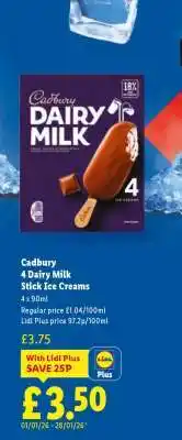 Lidl Cadbury 4 Dairy Milk Stick Ice Creams offer