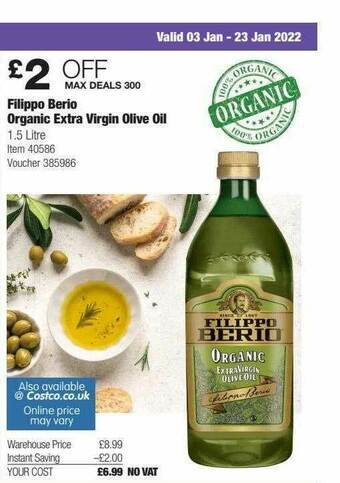 Costco Filippo Berio Organic Extra Virgin Olive Oil offer