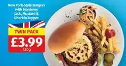 Aldi New York-Style Burgers with Monterey Jack, Mustard & Gherkin Topper offer