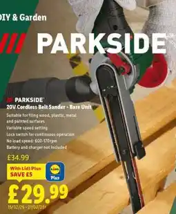 Lidl PARKSIDE 20V Cordless Belt Sander - Bare Unit offer