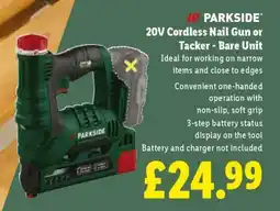 Lidl PARKSIDE 20V Cordless Nail Gun or Tacker - Bare Unit offer