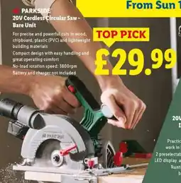 Lidl PARKSIDE 20V Cordless Circular Saw - Bare Unit offer