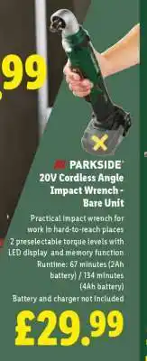 Lidl PARKSIDE 20V Cordless Angle Impact Wrench - Bare Unit offer