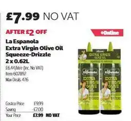 Costco La Espanola Extra Virgin Olive Oil Squeeze-Drizzle 2 x 0.62L offer
