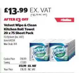 Costco Velvet Wipe & Clean Kitchen Roll Towel, 20 x 75 Sheet Pack offer