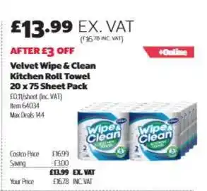 Velvet Wipe & Clean Kitchen Roll Towel, 20 x 75 Sheet Pack
