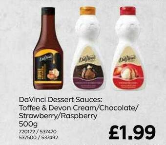 Bestway DaVinci Dessert Sauces: Toffee & Devon Cream-chocolate-strawberry-raspberry offer