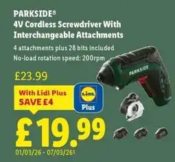 Lidl PARKSIDE 4V Cordless Screwdriver With Interchangeable Attachments offer