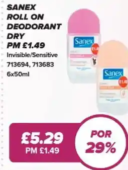 Bestway Sanex roll on deodorant dry Invisible/Sensitive offer