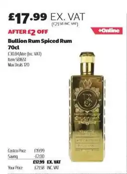 Costco Bullion Rum Spiced Rum 70cl offer