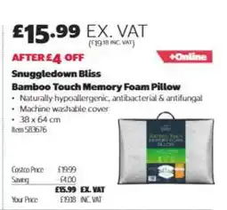 Costco Snuggledown Bliss Bamboo Touch Memory Foam Pillow offer
