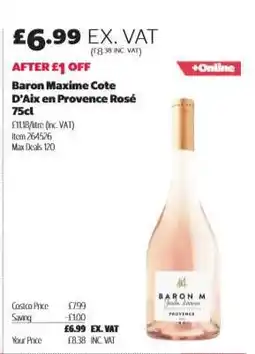 Costco Baron Maxime Cote D’Aix en Provence Rosé 75cl offer