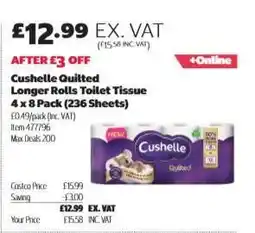Costco Cushelle Quilted Longer Rolls Toilet Tissue, 4 x 8 Pack (236 Sheets) offer