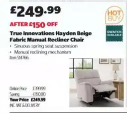 Costco True Innovations Hayden Beige Fabric Manual Recliner Chair offer