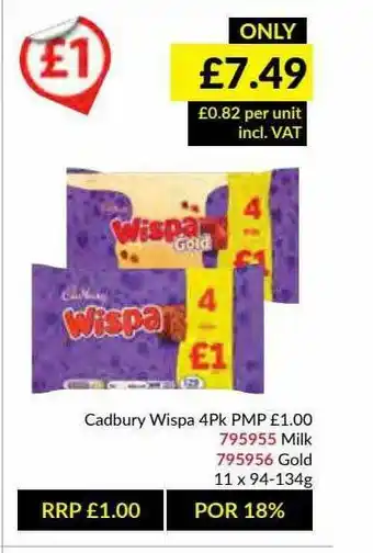 Musgrave MarketPlace Cadbury Wispa 4pk Milk, Gold offer