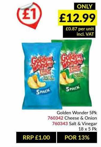 Musgrave MarketPlace Golden Wonder 5pk Cheese & Onion, Salt & Vinegar offer