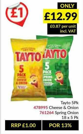 Musgrave MarketPlace Tayto 5pk Cheese & Onion, Spring Onion offer