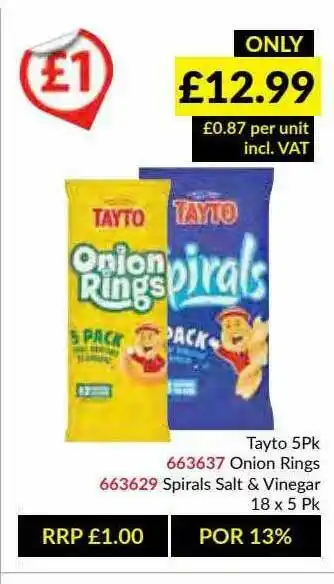 Musgrave MarketPlace Tayto 5pk Onion Rings, Spirals Salt & Vinegar offer