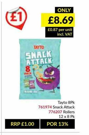 Musgrave MarketPlace Tayto 8pk Snack Attack, Rollers offer