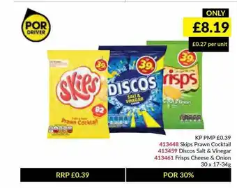 Kp Skips Prawn Cocktail, Discos Salt & Vinegar, Frisps Cheese & Onion