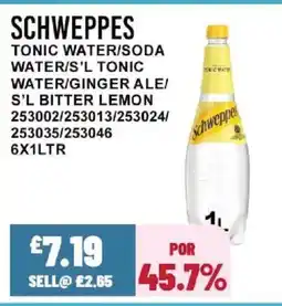 Bestway SCHWEPPES Tonic water/soda water/s'l tonic water/ginger ale/ s'l bitter lemon offer