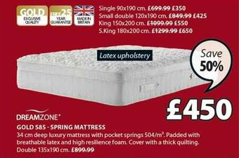 JYSK Gold S85 Spring Mattress offer