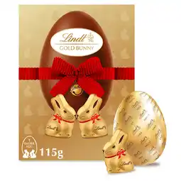 Iceland Lindt MILK CHOCOLATE EGG WITH TWO MINI LINDT GOLD BUNNY 115g offer