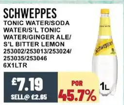 Bestway SCHWEPPES Tonic water/soda water/s'l tonic water/ginger ale/ s'l bitter lemon offer