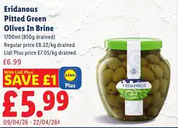 Lidl Eridanous Pitted Green Olives In Brine offer