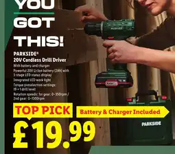 Lidl PARKSIDE 20V Cordless Drill Driver offer