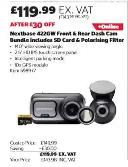 Costco Nextbase 422GW Front & Rear Dash Cam Bundle offer