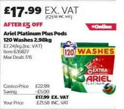 Costco Ariel Platinum Plus Pods 120 Washes 2.98kg offer
