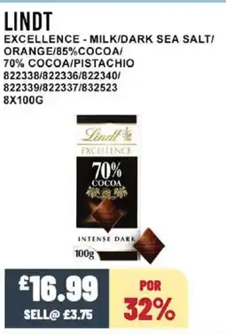 Bestway LINDT Excellence - milk/dark sea salt/ orange/85% cocoa/ 70% cocoa/pistachio offer