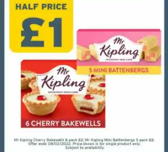 One Stop Mr Kipling Cherry Bakewells 6 Pack, Mr Kipling Mini Battenbergs 5 Pack offer