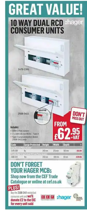 City Electrical Factors 10 Way Dual RCD Consumer Units offer