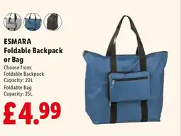 Lidl ESMARA Foldable Backpack or Bag offer