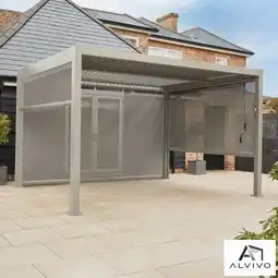 Costco Alvivo 9ft 8 x 13ft 3 (3 x 4m) Beige Louvered Aluminium Pergola Bundle with 3 Pull-Down Screens offer