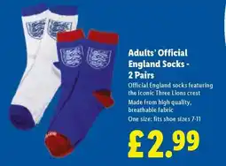 Lidl Adults’ Official England Socks - 2 Pairs offer