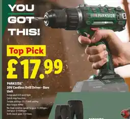 Lidl PARKSIDE 20V Cordless Drill Driver - Bare Unit offer