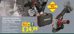 Lidl PARKSIDE PERFORMANCE 20V Cordless Ø125mm Angle Grinder - Bare Unit offer