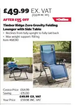 Costco Timber Ridge Zero Gravity Folding Lounger with Side Table offer