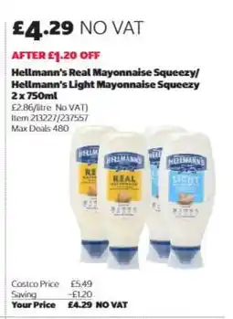 Costco Hellmann's Real Mayonnaise Squeezy/ Hellmann's Light Mayonnaise Squeezy 2 x 750ml offer