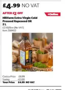 Costco Hillfarm Extra Virgin Cold Pressed Rapeseed Oil 2L offer