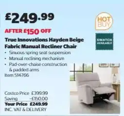 Costco True Innovations Hayden Beige Fabric Manual Recliner Chair offer