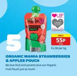 Aldi ORGANIC MAMIA STRAWBERRIES & APPLES POUCH offer