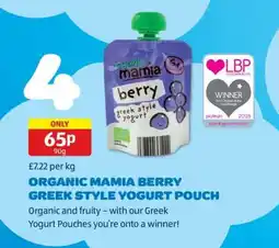 Aldi ORGANIC MAMIA BERRY GREEK STYLE YOGURT POUCH offer