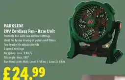 Lidl PARKSIDE 20V Cordless Fan - Bare Unit offer