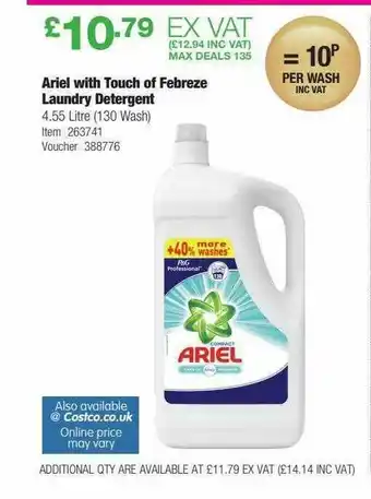 Costco Ariel With Touch Of Febreze Laundry Detergent offer