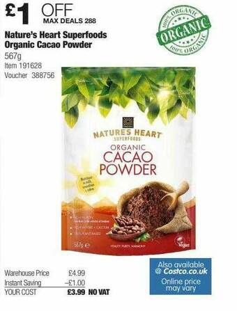 Costco Nature's Heart Superfoods Organic Cacao Powder offer